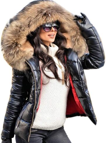 Roiii Women Winter Warm Down Jacket Thick Slim Flash Coat Down Outdoor Hood Parka Short Slim Jacket Black in Kuwait