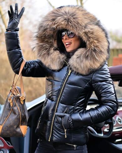 Roiii Women Winter Warm Down Jacket Thick Slim Flash Coat Down Outdoor Hood Parka Short Slim Jacket Black in Kuwait