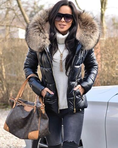 Roiii Women Winter Warm Down Jacket Thick Slim Flash Coat Down Outdoor Hood Parka Short Slim Jacket Black in Kuwait