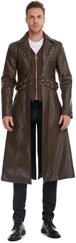 TZMAPU Men's Faux Leather Motorcycle Trench Coat Black Long Punk Jacket in Kuwait