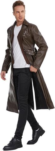 TZMAPU Men's Faux Leather Motorcycle Trench Coat Black Long Punk Jacket in Kuwait