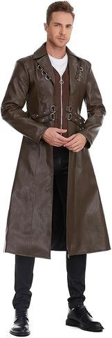 TZMAPU Men's Faux Leather Motorcycle Trench Coat Black Long Punk Jacket in Kuwait