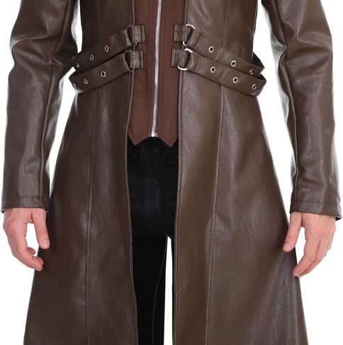 TZMAPU Men's Faux Leather Motorcycle Trench Coat Black Long Punk Jacket in Kuwait
