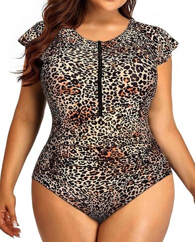Holipick Plus Size One Piece Swimsuit for Women Tummy Control Cap Sleeves Bathing Suits Zipper Front Rash Guard Swimwear in Kuwait