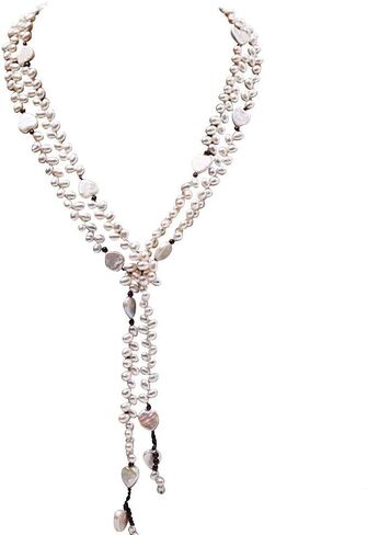 JYX Pearl Long Strand Necklace 6x8mm White Oval Freshwater Cultured Pearl and Heart-shaped Shell Necklace 57" in Kuwait