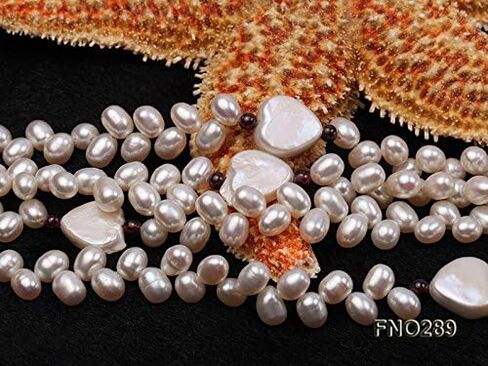 JYX Pearl Long Strand Necklace 6x8mm White Oval Freshwater Cultured Pearl and Heart-shaped Shell Necklace 57" in Kuwait