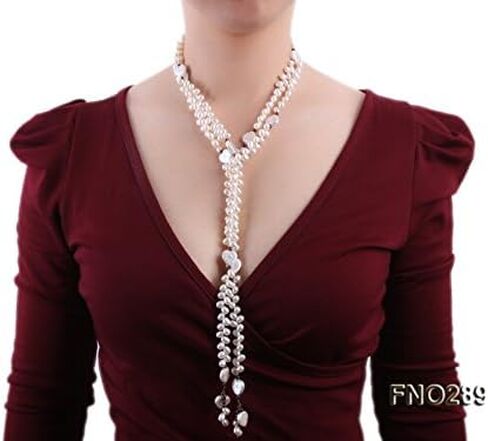 JYX Pearl Long Strand Necklace 6x8mm White Oval Freshwater Cultured Pearl and Heart-shaped Shell Necklace 57" in Kuwait