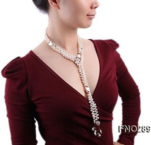 JYX Pearl Long Strand Necklace 6x8mm White Oval Freshwater Cultured Pearl and Heart-shaped Shell Necklace 57" in Kuwait