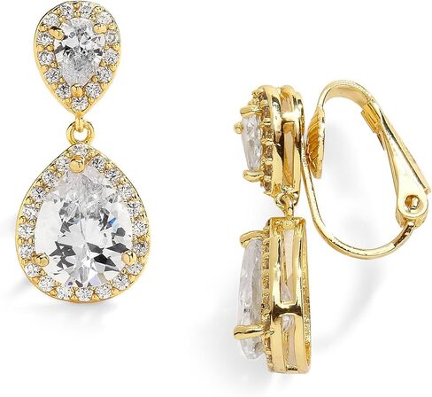 ماريل اقراط متدلية صغيرة مطلية بالذهب عيار 14 قيراط بمشبك - اقراط زفاف للنساء على شكل كمثرى من الزركونيا المكعبة, معدن أحجار كريمة, مكعب زركونيا in Kuwait