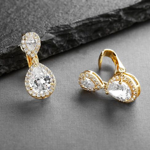 ماريل اقراط متدلية صغيرة مطلية بالذهب عيار 14 قيراط بمشبك - اقراط زفاف للنساء على شكل كمثرى من الزركونيا المكعبة, معدن أحجار كريمة, مكعب زركونيا in Kuwait