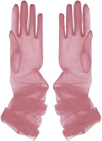 Yunyuebridal Women Sheer Tulle Gloves Transparent Full Finger Elbow Long Mittens Wedding Party Photography Gloves in Saudi Arabia