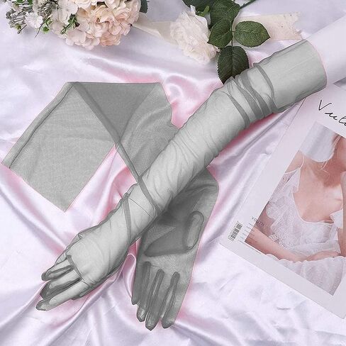 Yunyuebridal Women Sheer Tulle Gloves Transparent Full Finger Elbow Long Mittens Wedding Party Photography Gloves in Saudi Arabia