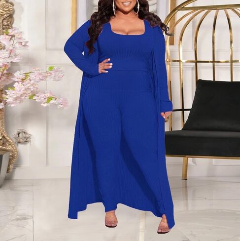 مجموعة HANMAX النسائية المحبوكة من 3 قطع بأكمام طويلة ومعطف قصير وخصر عالي بنطال ذو قصة أرجل واسعة وتتسابق in Kuwait