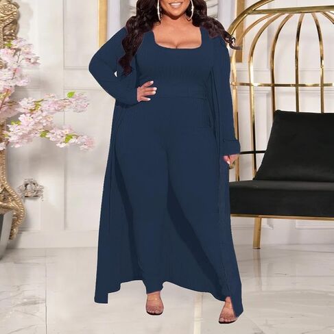 مجموعة HANMAX النسائية المحبوكة من 3 قطع بأكمام طويلة ومعطف قصير وخصر عالي بنطال ذو قصة أرجل واسعة وتتسابق in Kuwait