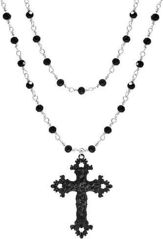 OLARCU Gothic Layered Cross Pendant Necklace for Women, Womens Black Beaded Goth Punk Grunge Jewelry in Kuwait