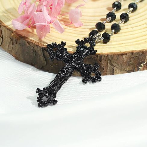 OLARCU Gothic Layered Cross Pendant Necklace for Women, Womens Black Beaded Goth Punk Grunge Jewelry in Kuwait