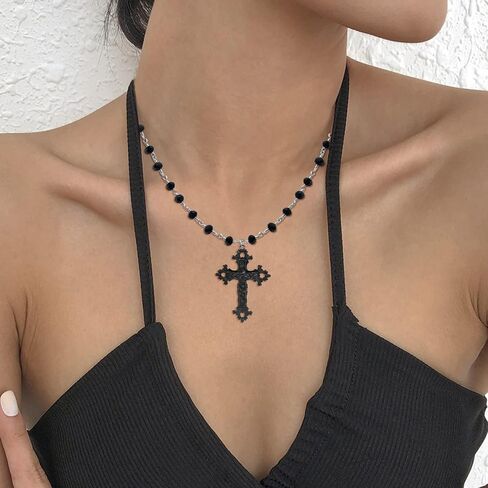 OLARCU Gothic Layered Cross Pendant Necklace for Women, Womens Black Beaded Goth Punk Grunge Jewelry in Kuwait