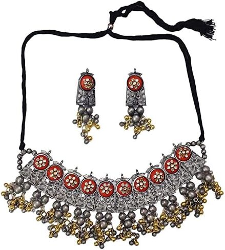 Indian Ethnic Antique Afghani Silver Oxidized Polish Ghungroo Bells Boho Gypsy Tribal Statement Multi Mirror Stone Choker Thread Necklace Earrings Jewelry for Women Girls in Saudi Arabia