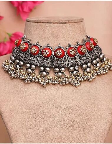 Indian Ethnic Antique Afghani Silver Oxidized Polish Ghungroo Bells Boho Gypsy Tribal Statement Multi Mirror Stone Choker Thread Necklace Earrings Jewelry for Women Girls in Saudi Arabia