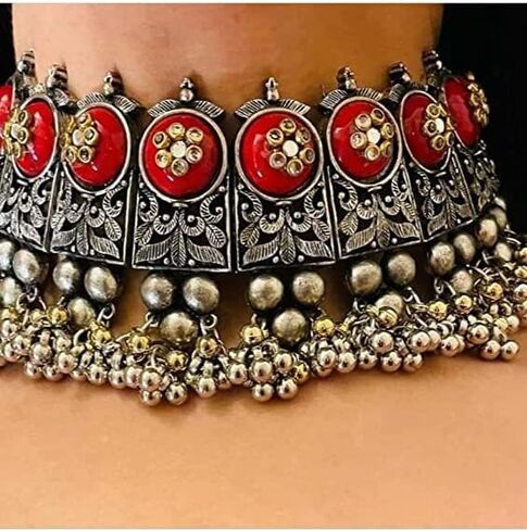 Indian Ethnic Antique Afghani Silver Oxidized Polish Ghungroo Bells Boho Gypsy Tribal Statement Multi Mirror Stone Choker Thread Necklace Earrings Jewelry for Women Girls in Saudi Arabia