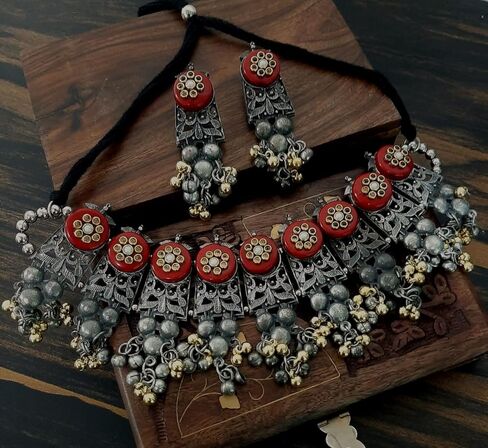 Indian Ethnic Antique Afghani Silver Oxidized Polish Ghungroo Bells Boho Gypsy Tribal Statement Multi Mirror Stone Choker Thread Necklace Earrings Jewelry for Women Girls in Saudi Arabia