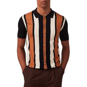 Kallspin Men's Vintage Knit Polo Shirt Short Sleeve Striped Button Down Knitting Golf Shirts