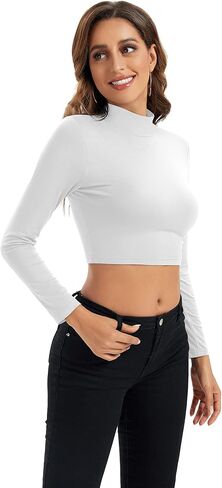 Womens Long Sleeve Crop Tops Lightweight Mock Neck Base Layer Shirts in Kuwait