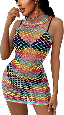 ABAFIP Women Colorful Rainbow Striped Fishnet Bodysuit Teddy Babydoll Mini Dress Festival Rave Dance Bikini Beach Coverups in Saudi Arabia