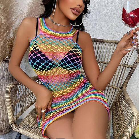 ABAFIP Women Colorful Rainbow Striped Fishnet Bodysuit Teddy Babydoll Mini Dress Festival Rave Dance Bikini Beach Coverups in Saudi Arabia