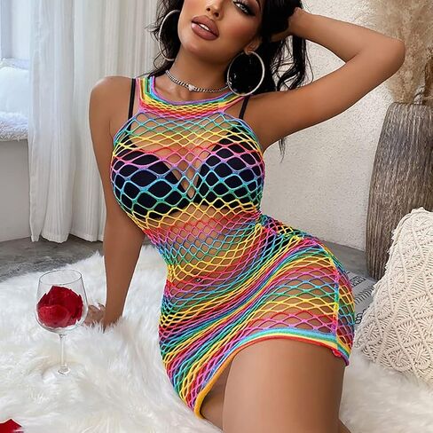 ABAFIP Women Colorful Rainbow Striped Fishnet Bodysuit Teddy Babydoll Mini Dress Festival Rave Dance Bikini Beach Coverups in Saudi Arabia