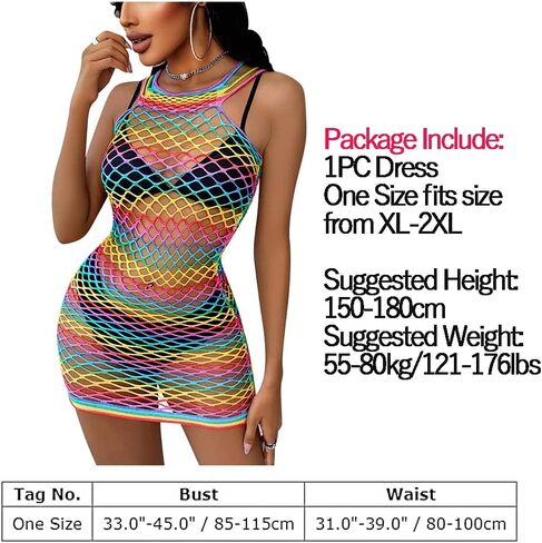 ABAFIP Women Colorful Rainbow Striped Fishnet Bodysuit Teddy Babydoll Mini Dress Festival Rave Dance Bikini Beach Coverups in Saudi Arabia