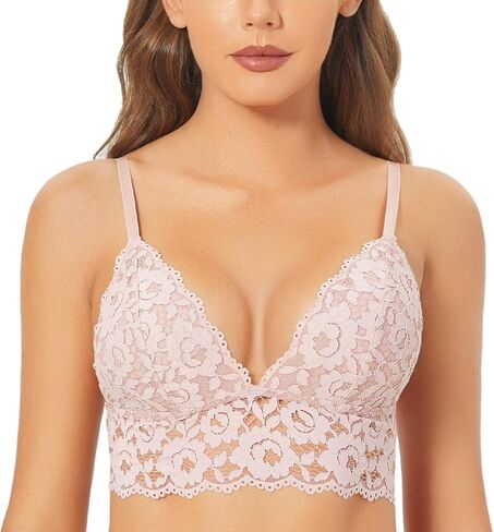 DOBREVA Women's Lace Padded Bralette Plunge Wireless Longline Bra for A to D Cups in Kuwait