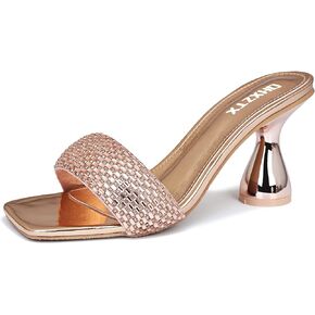 OHXZTX Women's Rhinestone Chunky Heel Mules Sandals Square Open Toe Slip On Kitten Heeled Backless Slides Slippers Fashion Wedges Pumps Dress Shoes Sexy