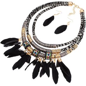 Feather Pendant Multi Layers Tribal Bib Necklace Statement Earring Jewelry Set