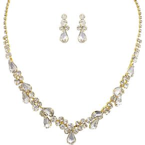 Rosemarie Collections Women's Rhinestone Crystal Teardrop Statement Necklace Hypoallergenic Drop Earrings Set, 15"+6" Extender