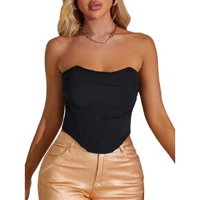 OYOANGLE Women's Strapless Lace Up Back Ruched Asymmetrical Hem Corset Crop Tube Top in Saudi Arabia