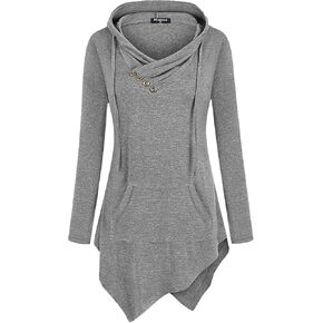 Miagooo Womens Cross Neck Uneven Hemline Hoody Long Sleeve Loose Flare Tunic Henley in Kuwait