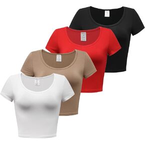 Formeet17 Women’s 4 Pieces Basic Crop Tops Scoop Neck Cap Sleeve Shirts