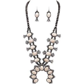 Rosemarie & Jubalee Women's Statement Western Howlite Squash Blossom Necklace Earrings Set, 27"+3" Extension