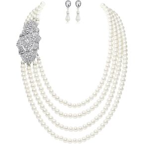 BABEYOND 1920s Gatsby Pearl Necklace Vintage Bridal Pearl Necklace Earrings Jewelry Set Multilayer Imitation Pearl Necklace with Brooch