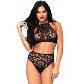 Leg Avenue womens 2 Pc Crochet Lace Halter Crop Top With Strappy Back and High Waist Thong