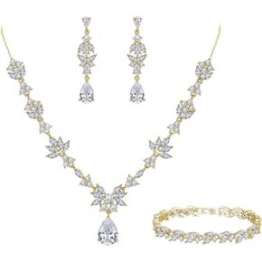 BriLove Wedding Jewelry Set for Women, Y-Necklace Tennis Bracelet Dangle Earrings Set with AAA Cubic Zirconia Teardrop Set for Bridal Bridesmaid