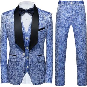 UNINUKOO Mens Slim Fit Suit 3 Piece 1 Button Paisley Prom Floral Wedding Tuxedo for Men