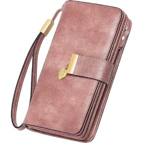 HUANLANG Women Wallets Large Ladies Leather Wallet with Coin Pocket RFID Wallet Organizer for Women with Wrist Strap (Deep Red)