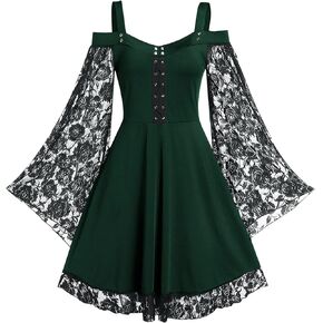 Gothic Lace Dress for Women Off-Shoulder Vintage Dresses Bell Sleeve Steampunk Medieval Costume Cosplay Halloween Dresses