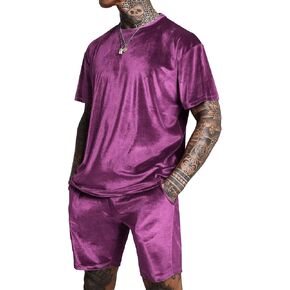 LecGee الرجال الصيف مجموعات غير رسمية القطيفة قصيرة الأكمام Crewneck قميص البلوز مرونة الخصر السراويل 2 قطعة وتتسابق رياضية