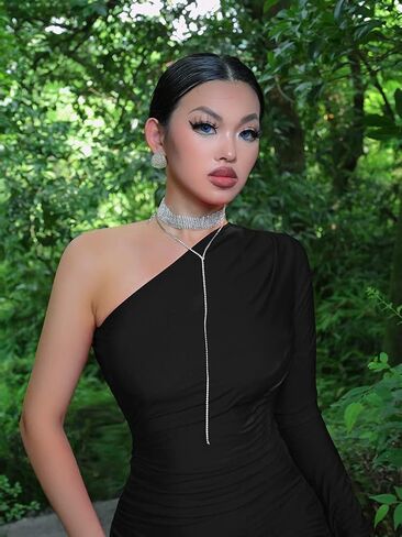 فستان XXTAXN نسائي مثير بكتف واحد مكشكش وأكمام طويلة لحفلات أعياد الميلاد in Kuwait