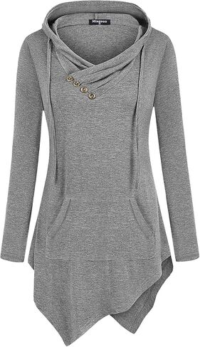Miagooo Womens Cross Neck Uneven Hemline Hoody Long Sleeve Loose Flare Tunic Henley in Kuwait