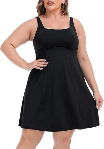 فستان HDE نسائي للتمرين الرياضي بمقاس كبير مع شورت مدمج وحمالة صدر باللون الأسود in Saudi Arabia