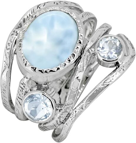 YoTreasure Natural Larimar Blue Topaz 925 الفضة الاسترليني العتيقة ثلاثة حجر الالتفافية الدائري in Kuwait